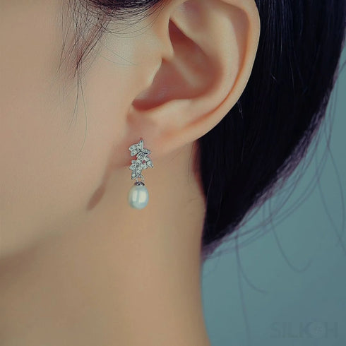 Cz Leaves Sterling Silver Pearl Dangling Earrings Cal